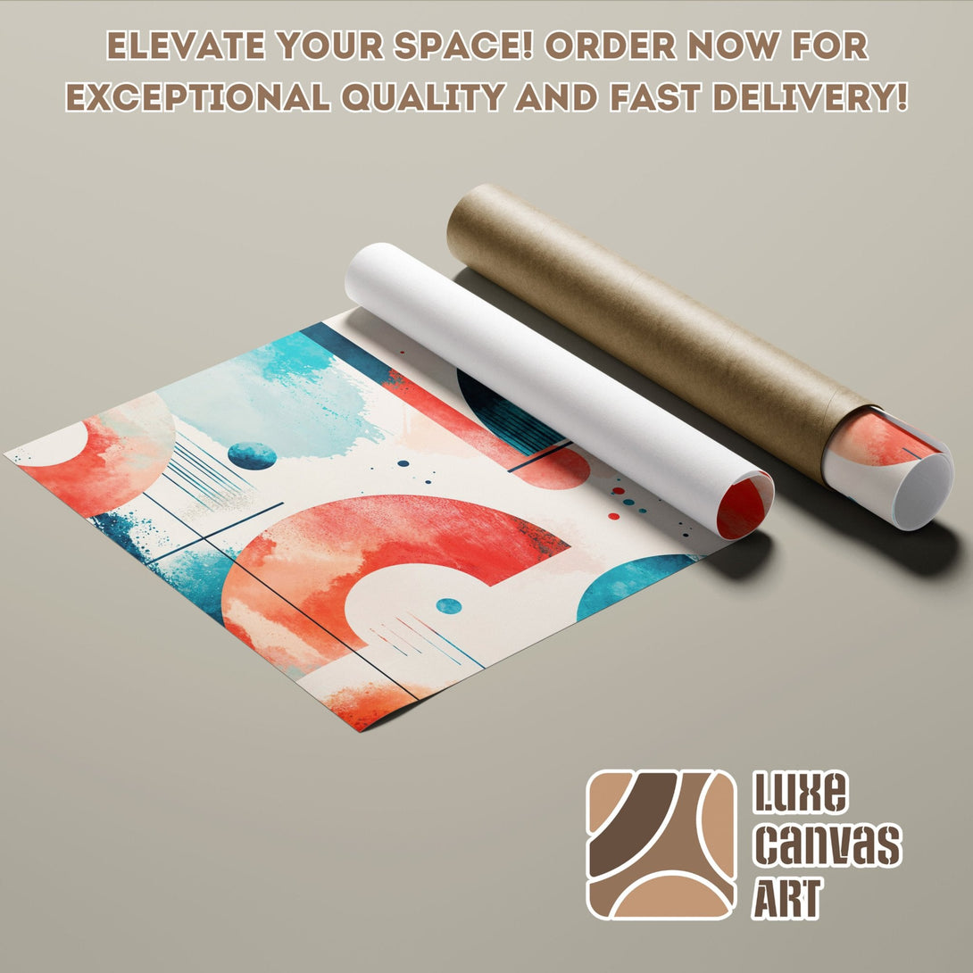 Abstract art poster roll in blue, red, and neutral tones. Elevate your space with Luxe Canvas Art!