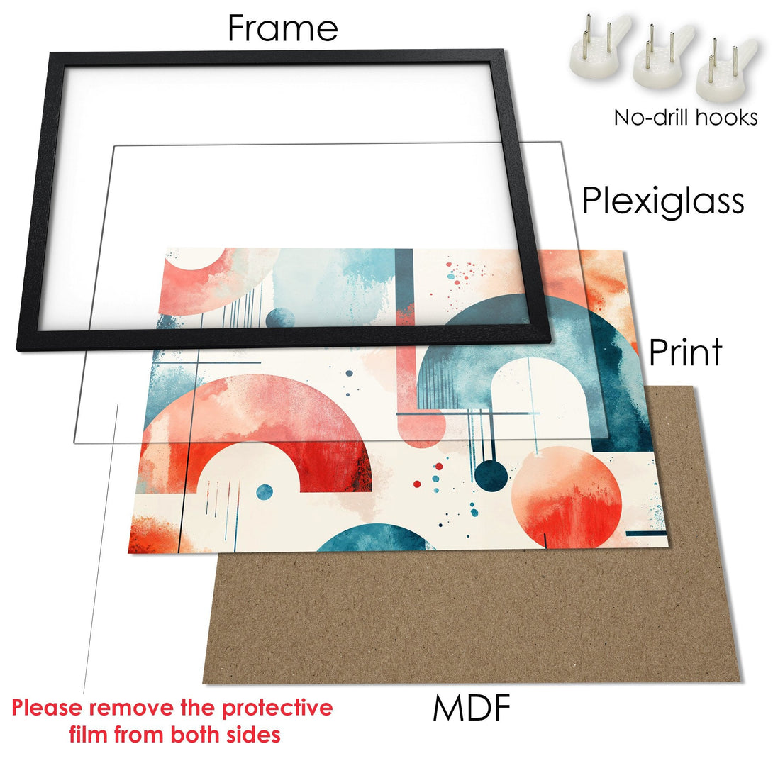Framed Poster with abstract art in red, blue, and cream. Modern style wall art to elevate your space.