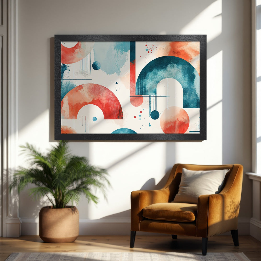 Framed Poster featuring abstract watercolor art in teal and orange hues. Modern style, perfect for home decor.