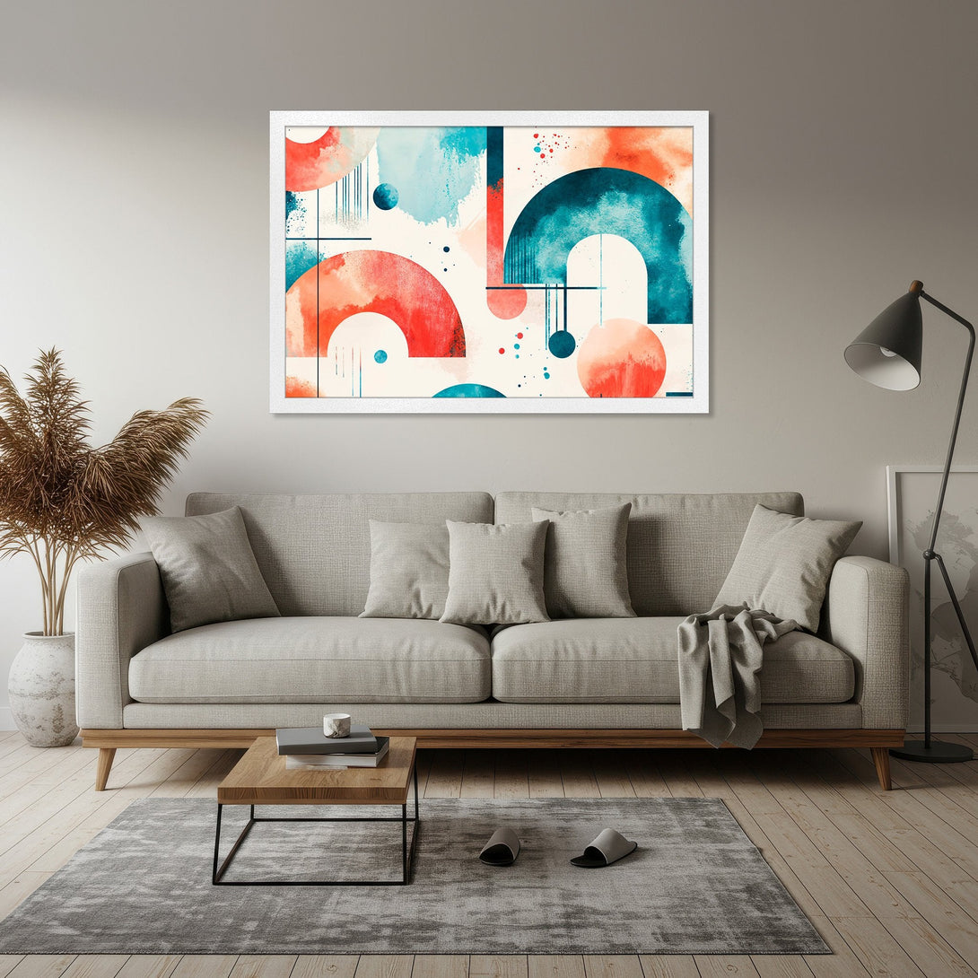 Framed Poster featuring abstract watercolor art with teal, orange, and cream color palette. Modern art poster for home decor.