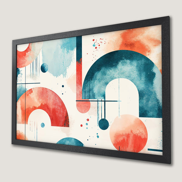 Framed Poster featuring abstract geometric art in red, blue, and cream color palette. Modern wall decor for any space.