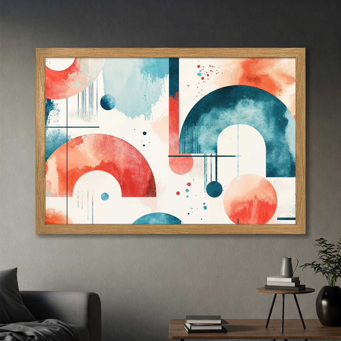 Framed Poster featuring abstract watercolor art in red, blue, and cream. Modern art print for home decor.