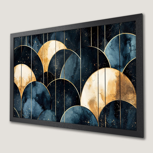 Framed Poster featuring abstract art with navy, gold, and cream color palette. Modern art poster for home decor.