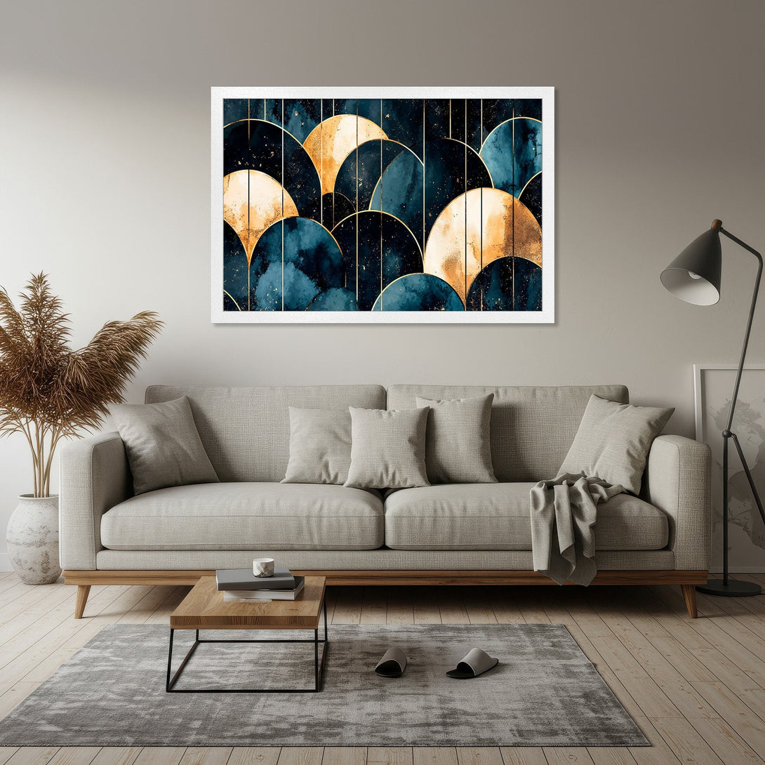 Framed Poster featuring an abstract design in teal and gold, perfect for modern home decor.