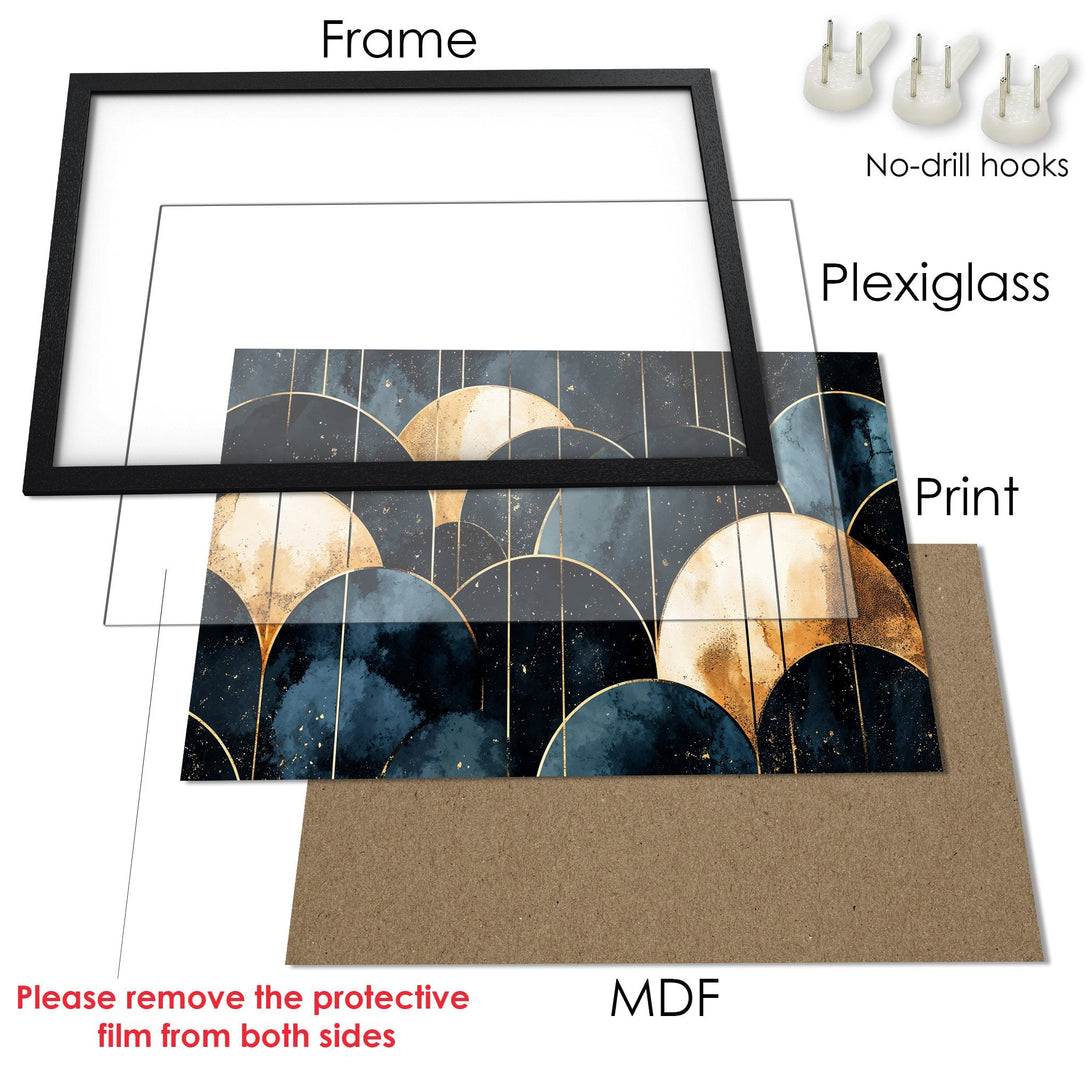 Framed Poster featuring abstract geometric design in navy, gold, and beige. Modern art print for home decor.