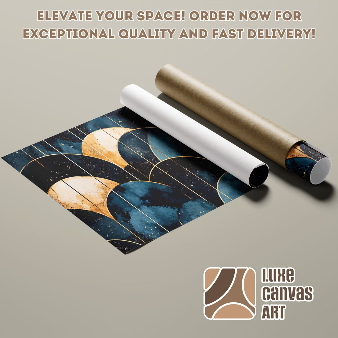 Abstract art poster roll with blue, gold, and beige color palette. Elevate your space with this unique poster!