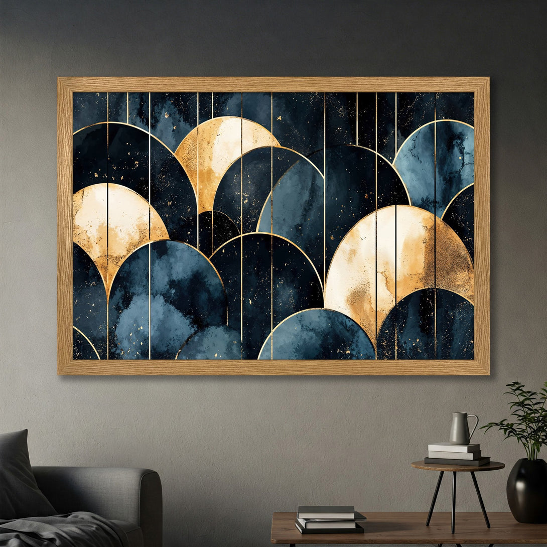 Framed Poster featuring abstract geometric design in navy, gold, and beige. Modern art style for home decor.