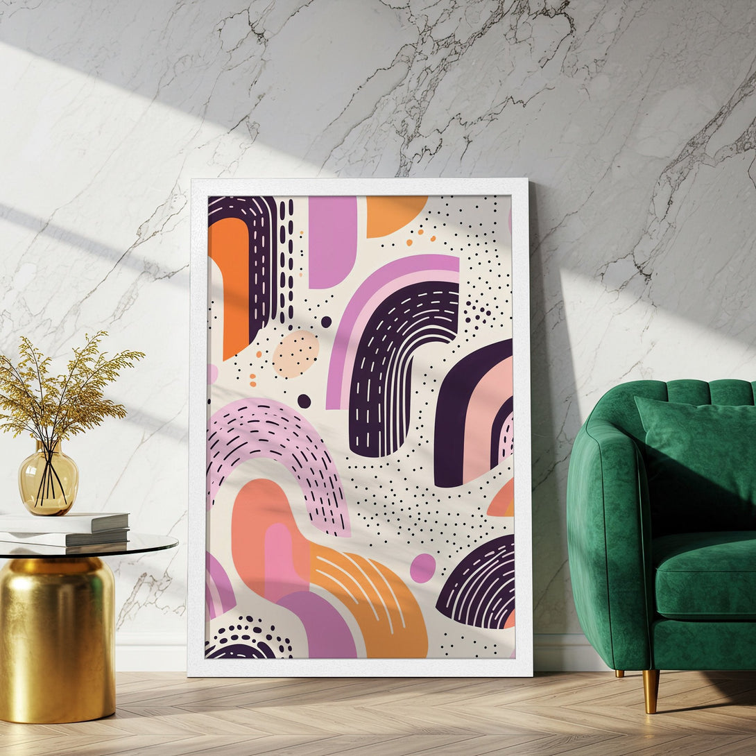Framed Poster featuring abstract art in a modern style with a warm color palette of orange, pink, and purple. Perfect wall decor!
