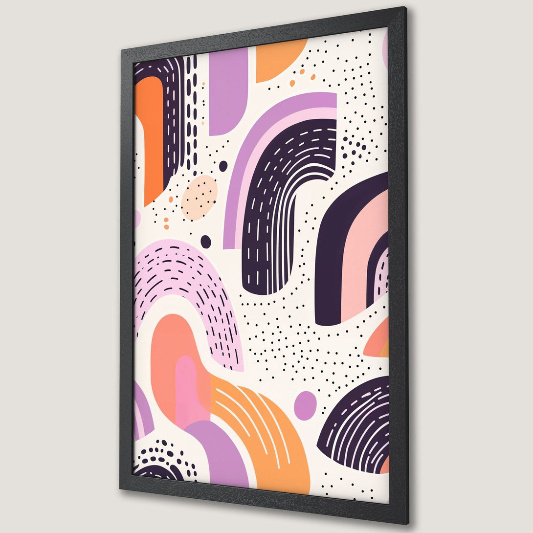 Framed Poster featuring abstract shapes in a modern style. Warm color palette with orange, purple, and pink hues. Perfect wall art for any room!