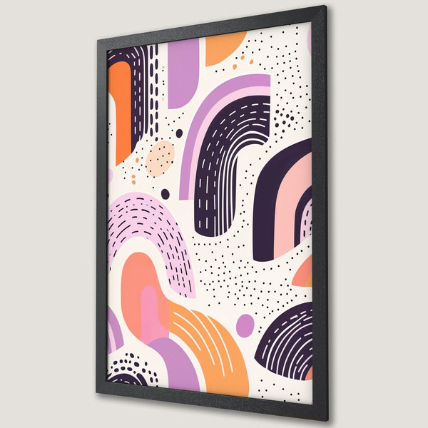 Framed Poster featuring abstract shapes in a modern style. Warm color palette with orange, purple, and pink hues. Perfect wall art for any room!
