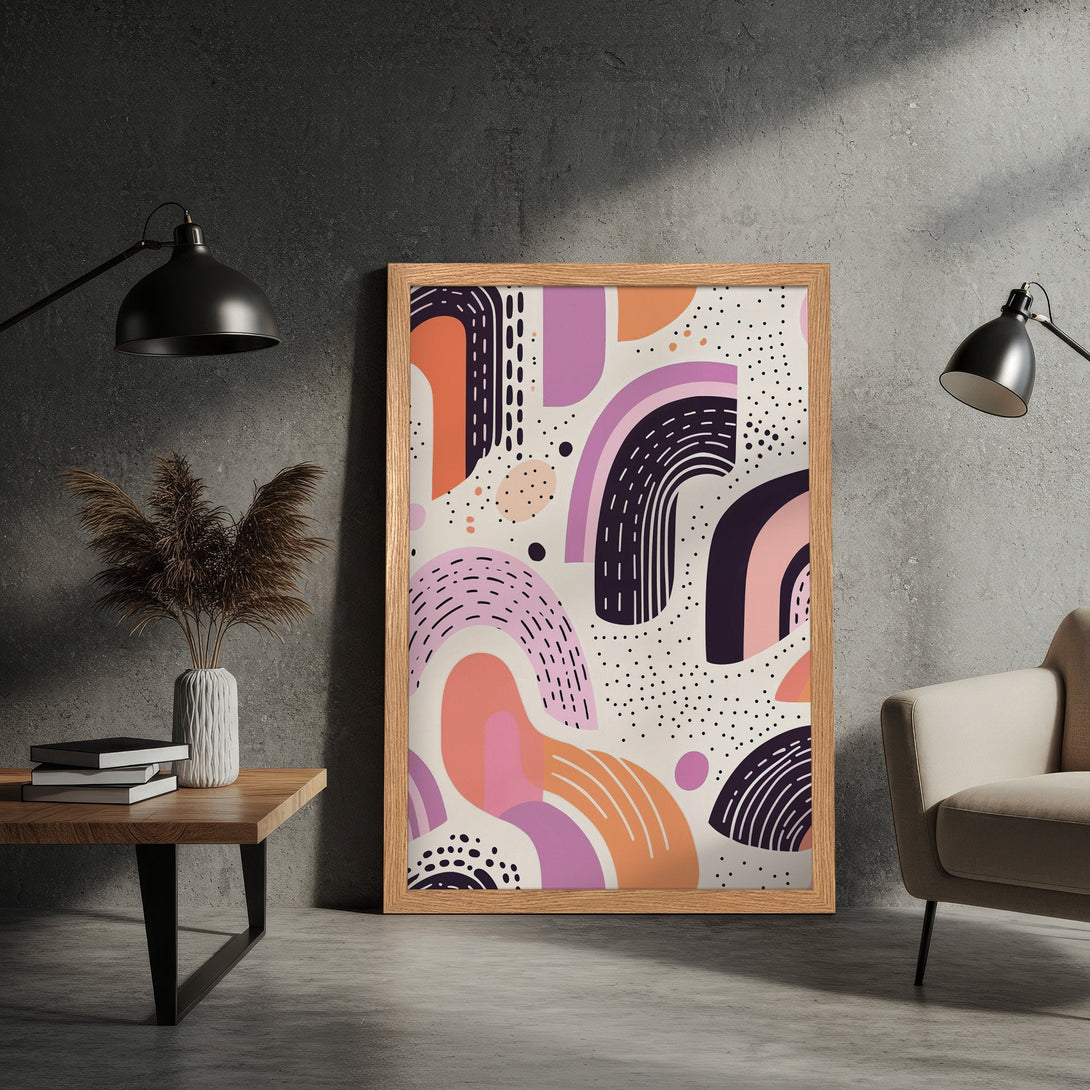 Framed Poster with abstract art in a modern style. Features a palette of orange, purple, and black. Perfect wall art!