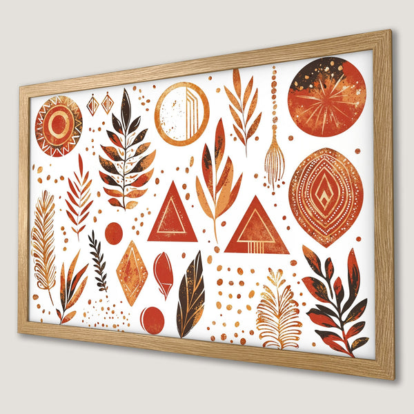 Framed Poster featuring bohemian style art with warm orange and brown tones. Perfect wall decor!