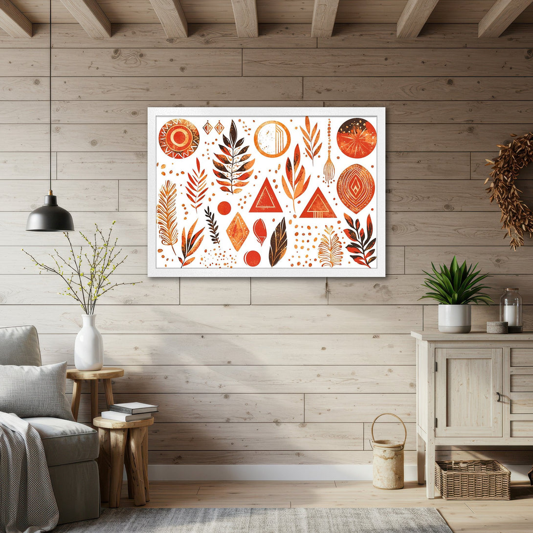 Framed Poster featuring abstract botanical art in warm orange and brown tones. Perfect wall decor for a cozy, stylish home.