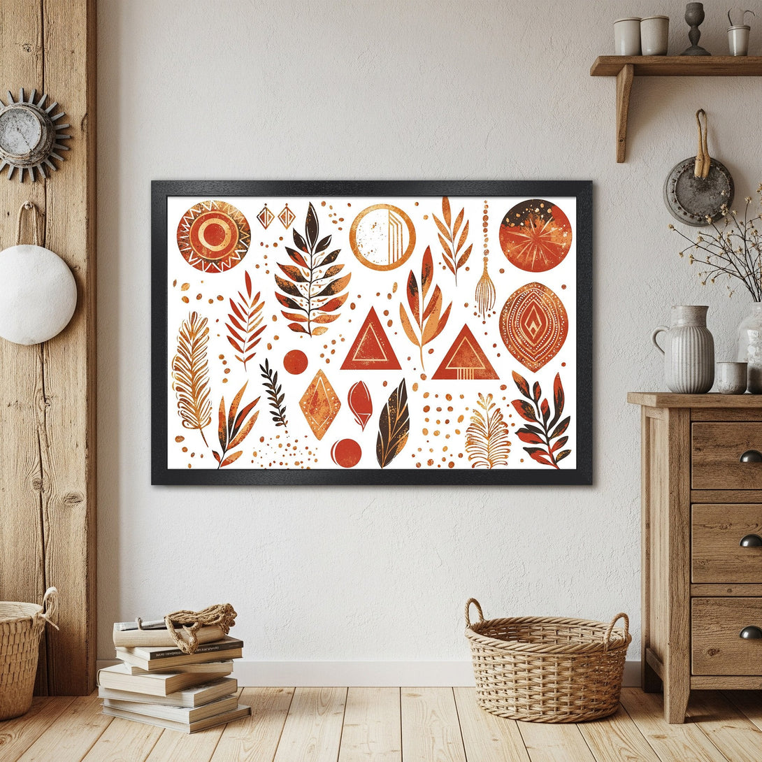 Framed Poster featuring abstract botanical art in warm orange and brown tones, perfect for boho decor.