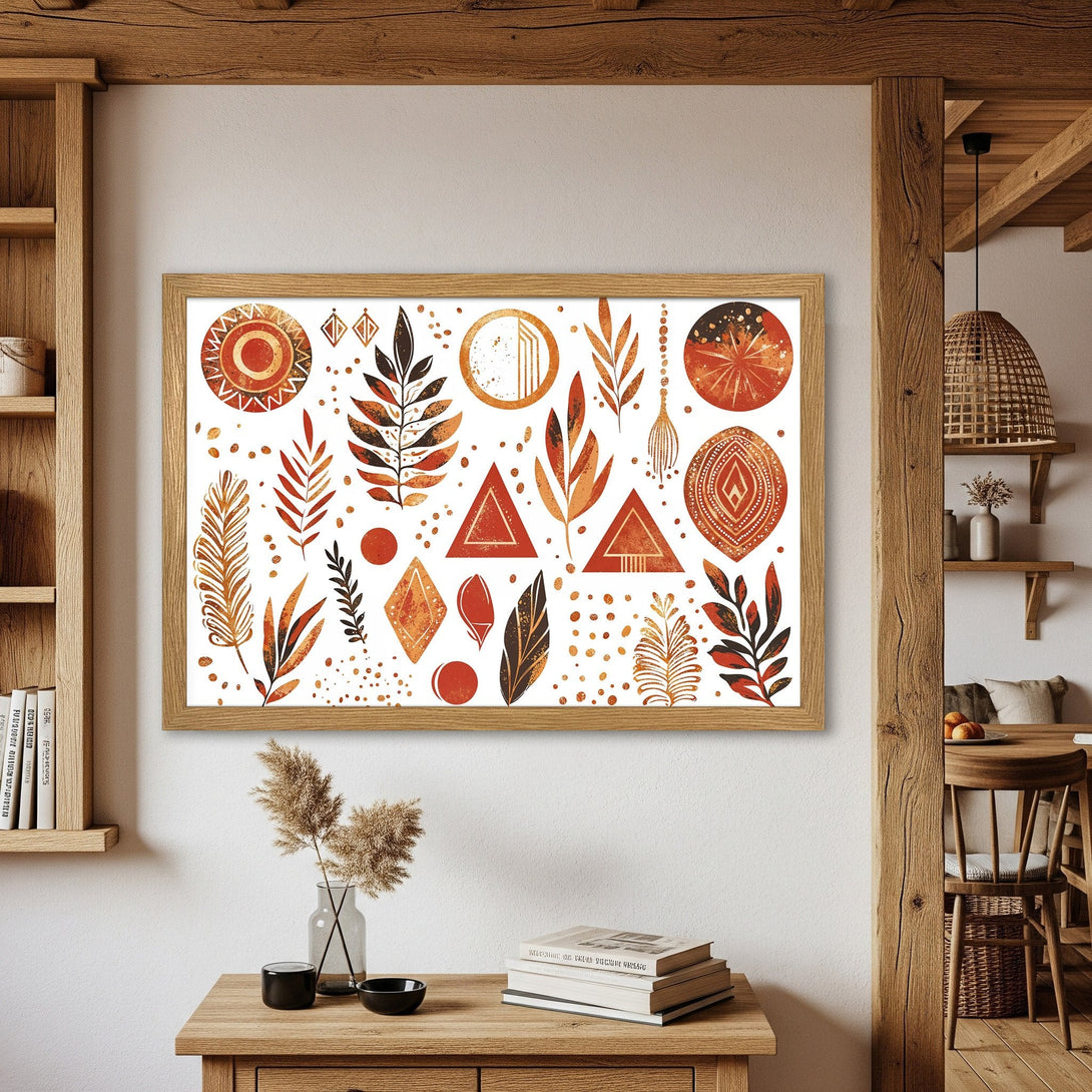 Framed Poster featuring boho-style botanical art in warm orange and brown tones. Perfect wall decor for a cozy, inviting space.