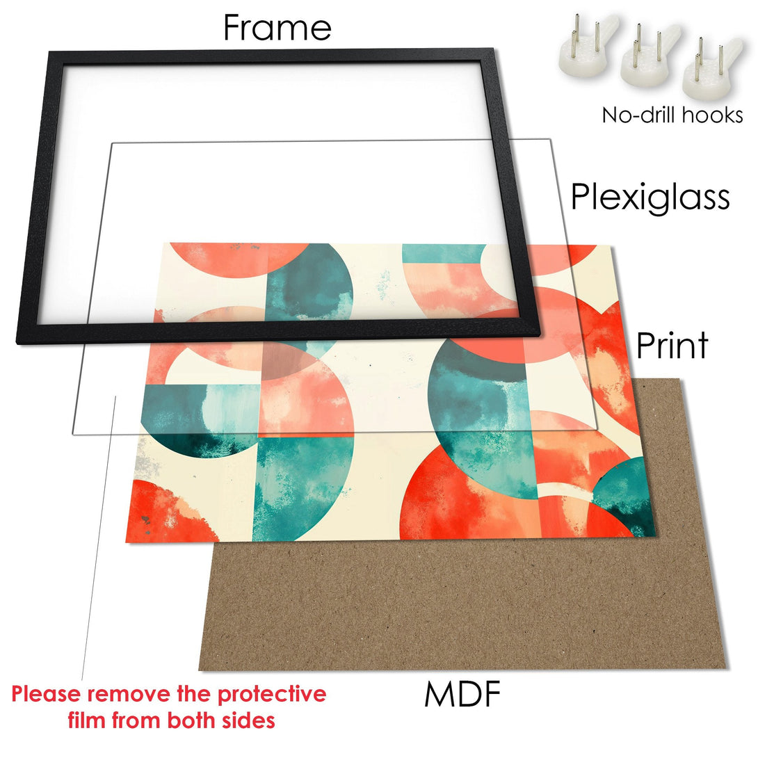 Framed Poster with abstract art in teal, coral, and cream. Modern wall art for your home.