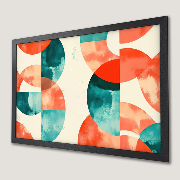 Framed Poster featuring abstract geometric art in coral, teal, and cream. Modern wall decor for a stylish home.
