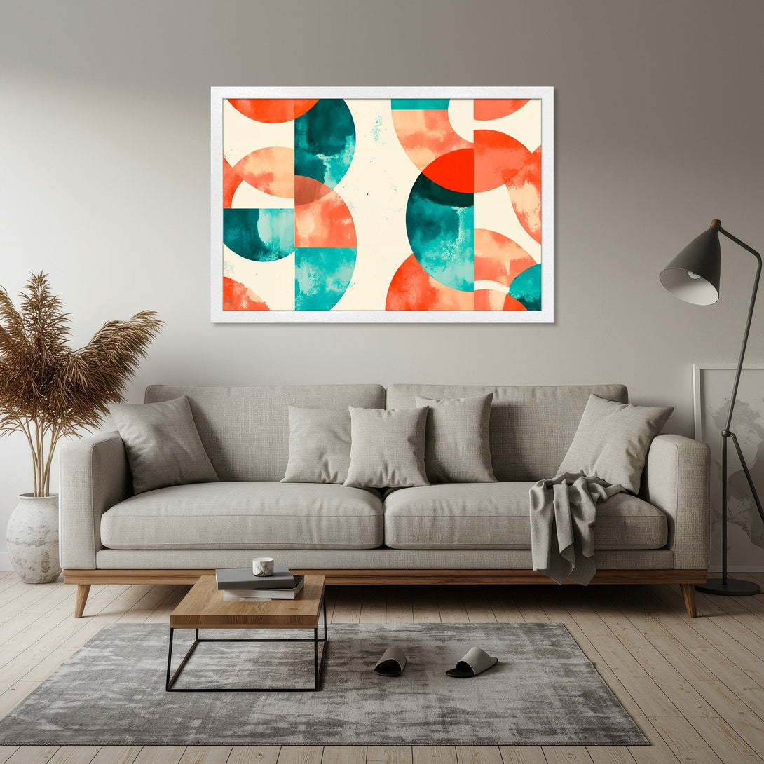 Framed Poster featuring abstract geometric art in teal, orange, and cream. Modern style, perfect for home decor.