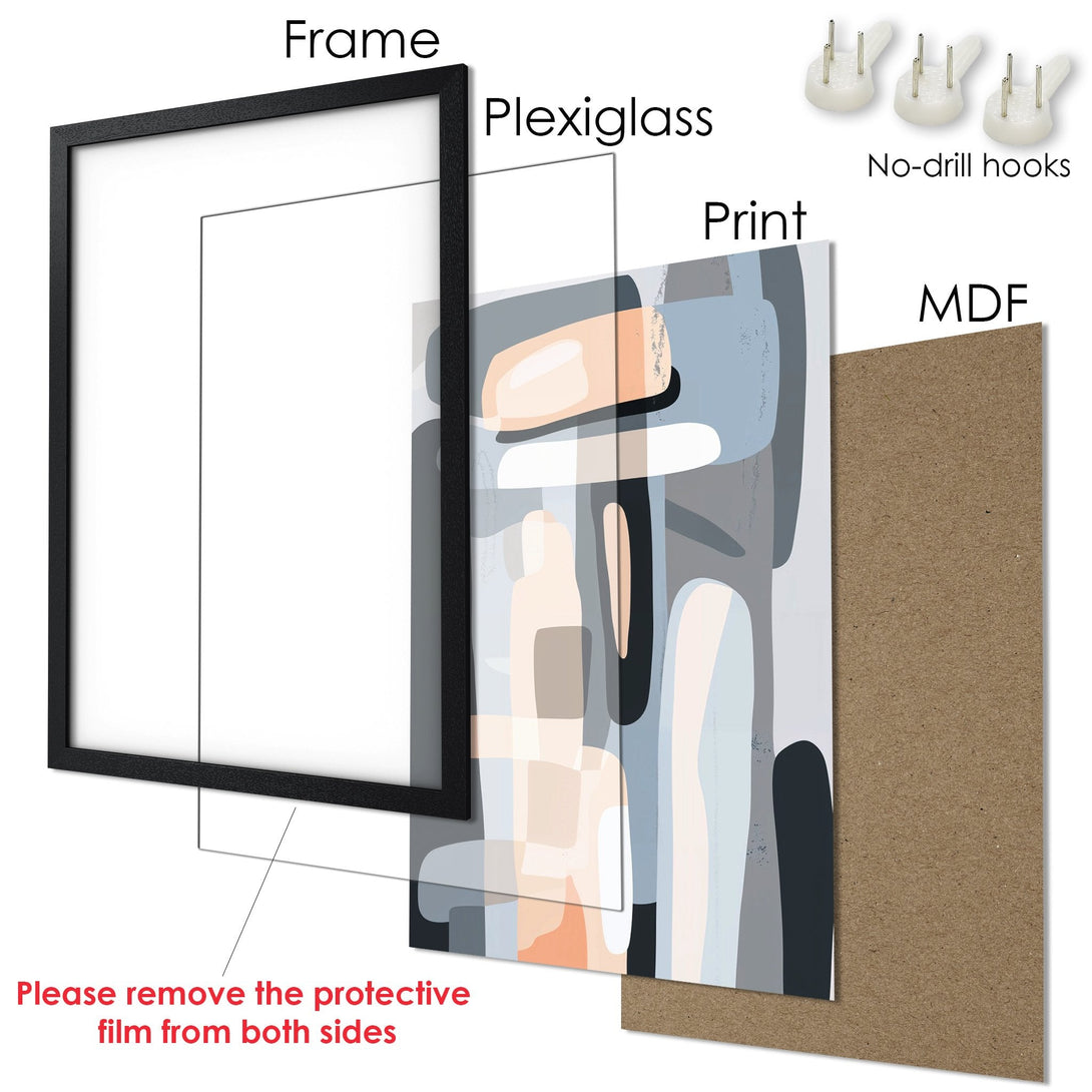 Framed Poster with abstract art in muted blue, gray, and peach tones. Modern wall art for your home.