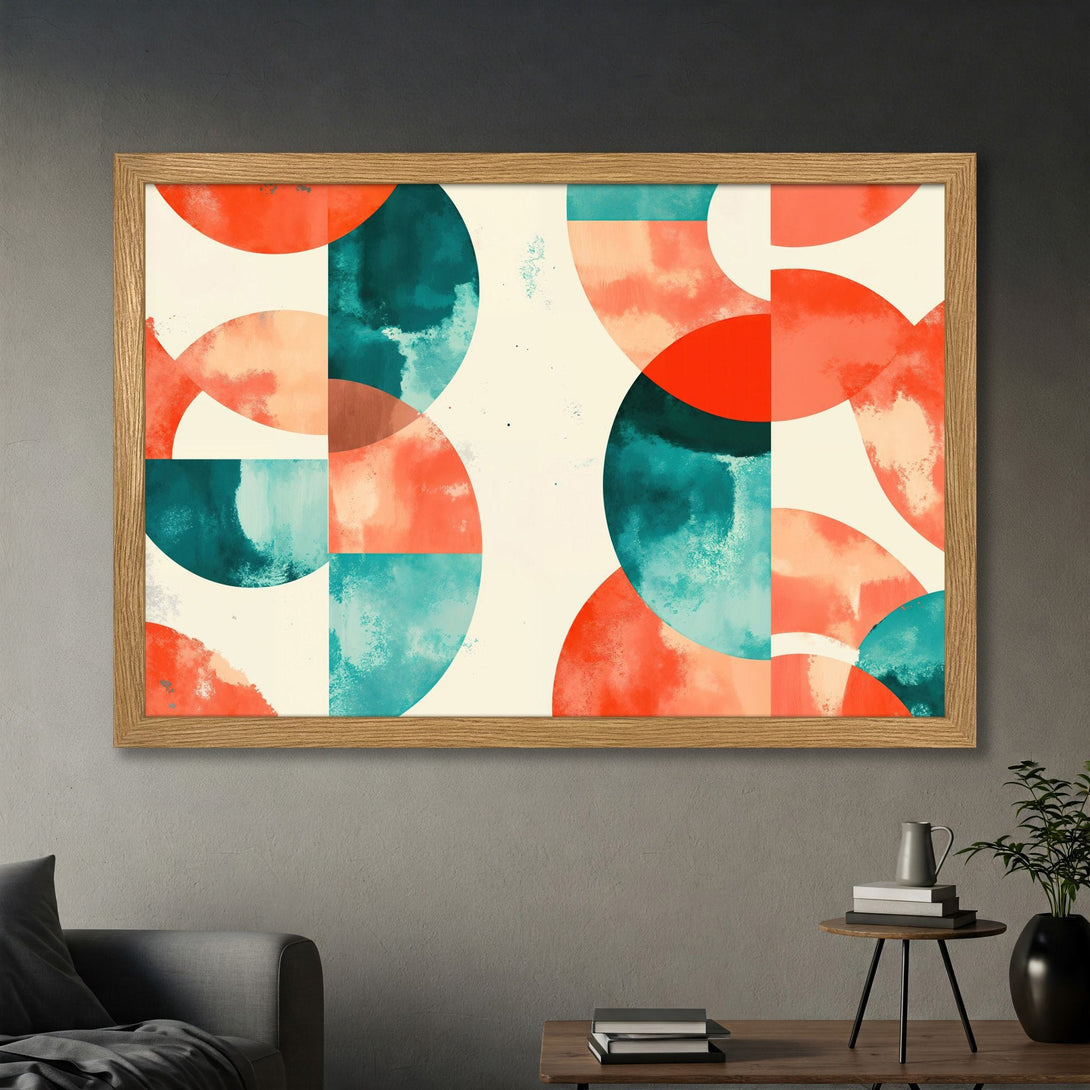 Framed Poster featuring abstract geometric art with a vibrant color palette of red, teal, and cream. Modern wall decor.