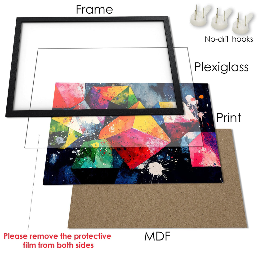 Framed Poster featuring abstract geometric art with a vibrant, colorful palette. Perfect wall decor for any room!