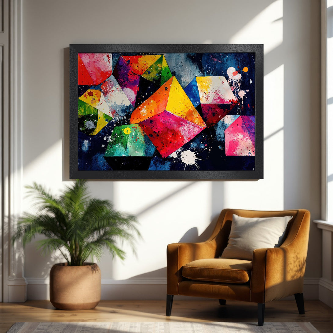 Framed Poster featuring abstract geometric art in vibrant colors. Modern style with a colorful, eye-catching palette. Perfect wall decor!