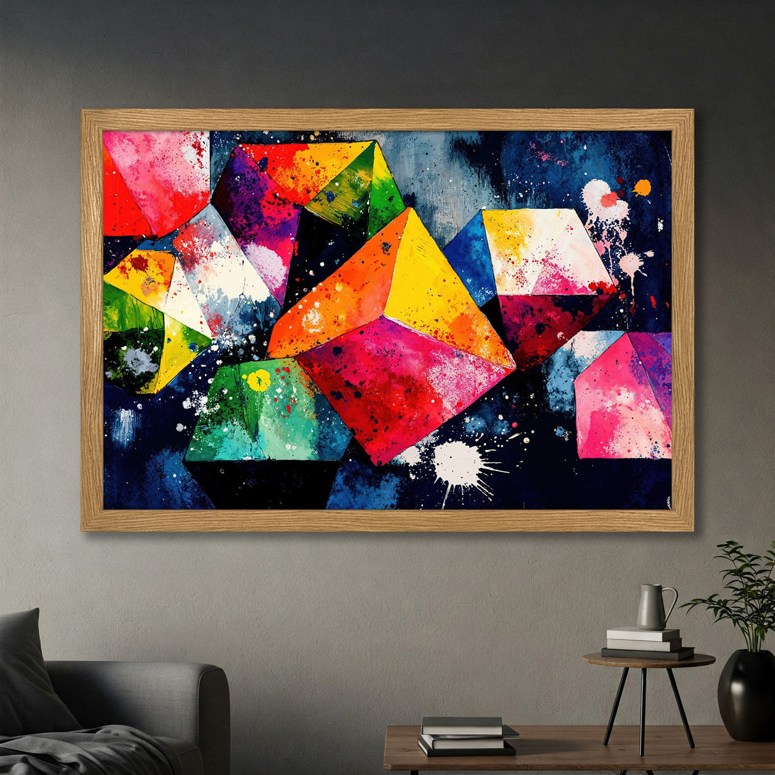 Framed Poster featuring abstract geometric art in vibrant colors with a dark blue background. Modern wall art for your home!