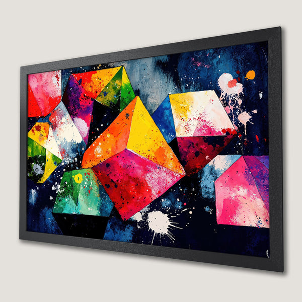 Framed Poster featuring abstract geometric art in vibrant colors, perfect for modern home decor.