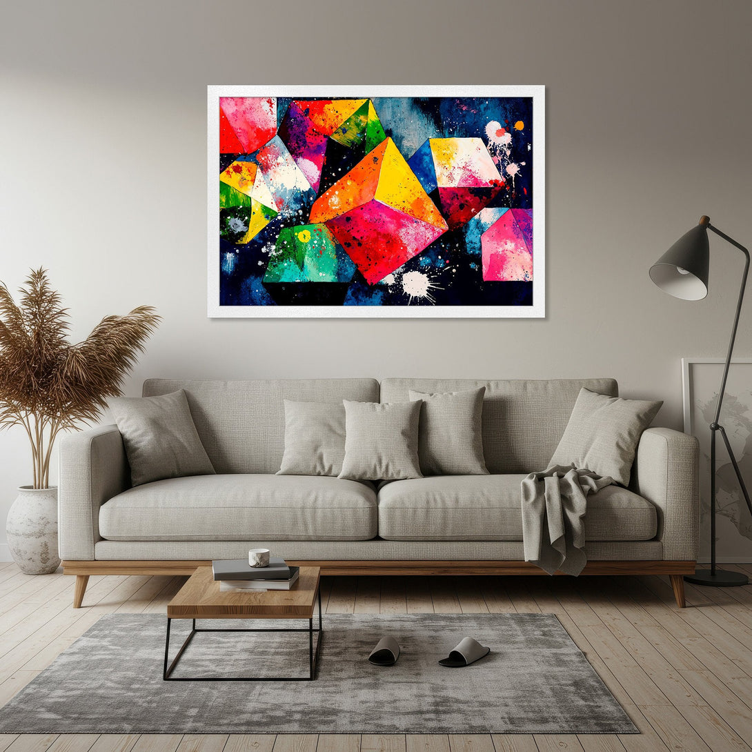 Framed Poster featuring abstract geometric art in vibrant colors. Modern wall art for home decor.