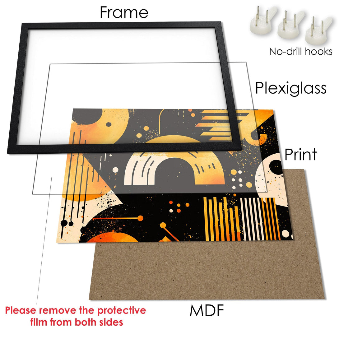 Framed Poster with modern abstract art in orange, black, and gray. Perfect wall decor!