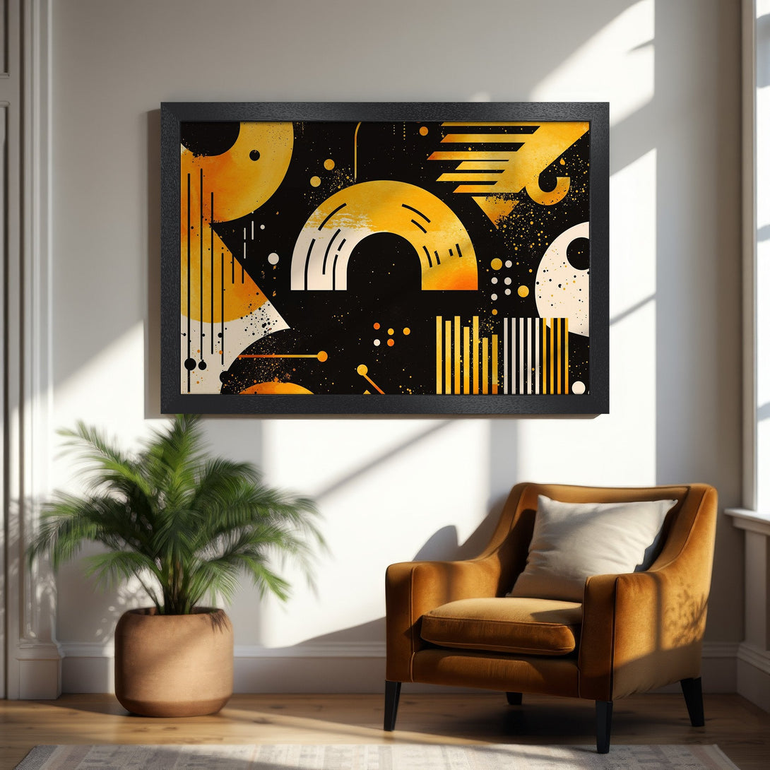 Framed Poster featuring abstract geometric art in yellow, black, and white. Modern style, perfect for home decor.