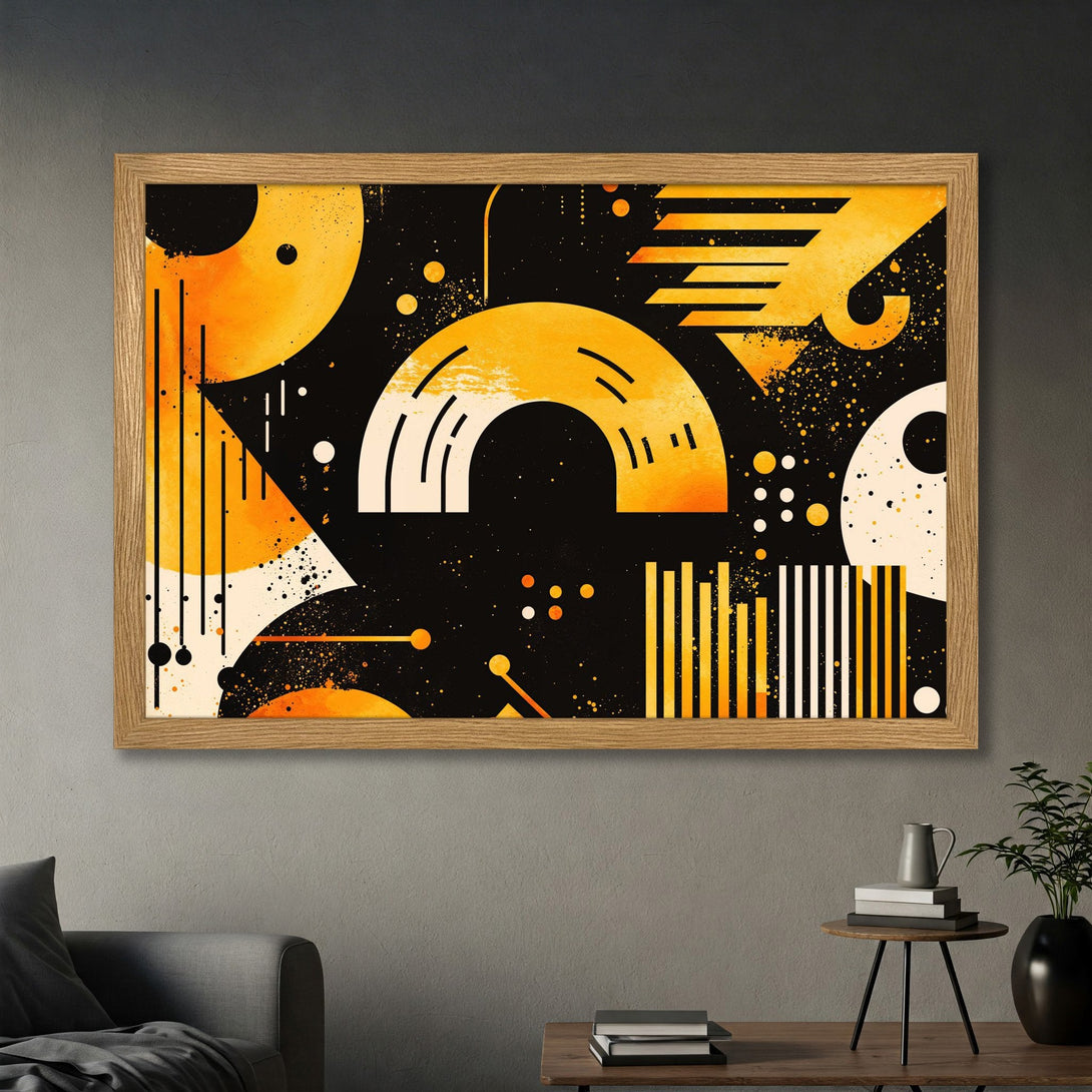 Framed Poster of abstract geometric art in yellow and black. Modern style, perfect for home decor. Add a pop of color!
