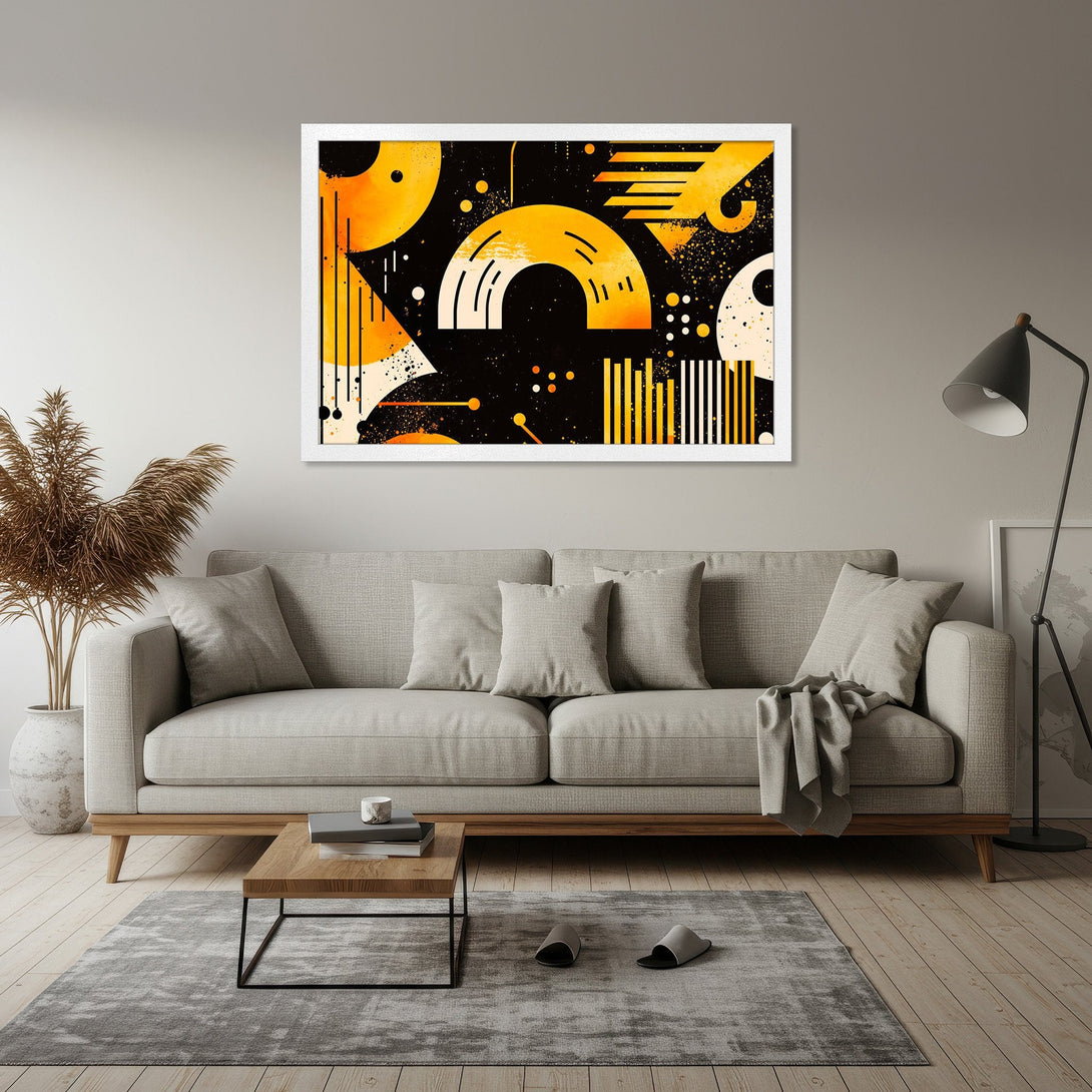 Framed Poster featuring abstract geometric art in black, orange, and white. Modern wall art for your home decor.