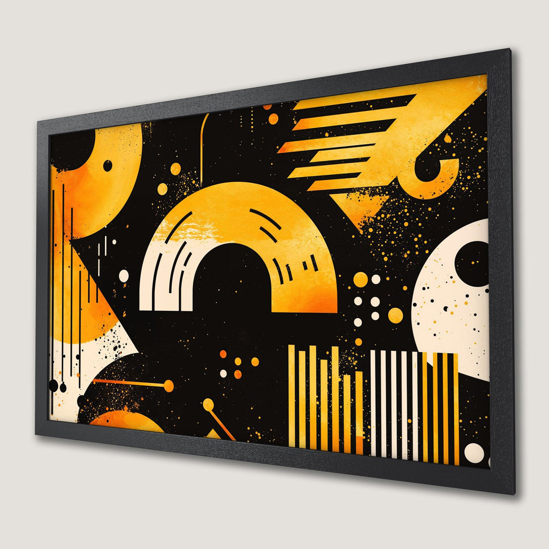 Framed Poster featuring abstract geometric art in a black, yellow, and white color palette. Modern wall art for your home!