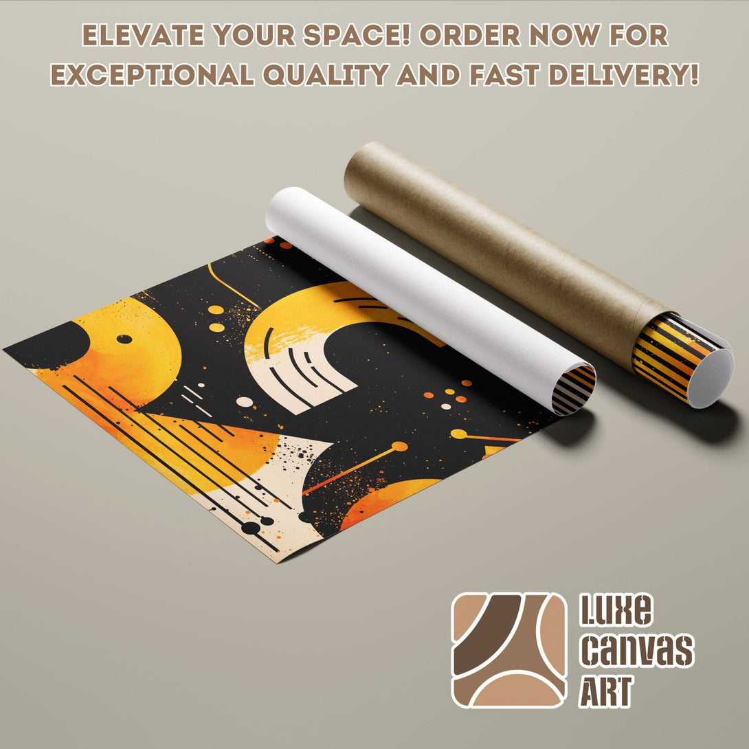 Abstract art poster roll in black, orange, and yellow. Elevate your space with Luxe Canvas Art!