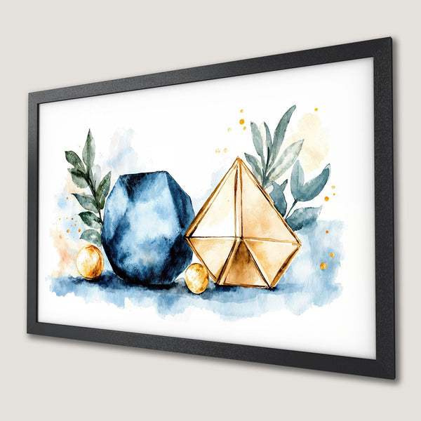 Framed Poster featuring watercolor geometric art in blue, gold, and green. Perfect wall decor.