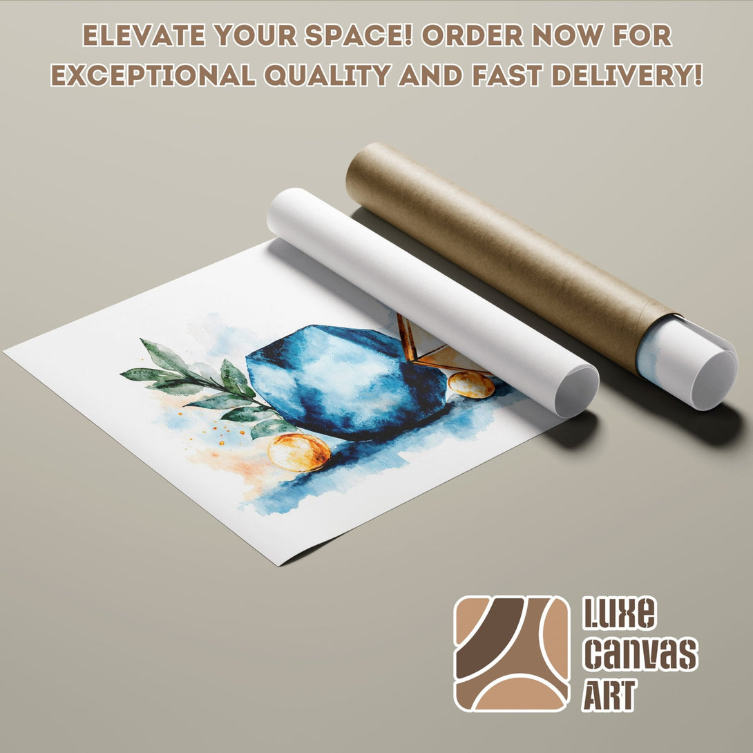 Watercolor Poster Roll art with blue and gold tones. Elevate your space!