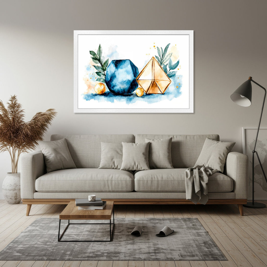 Framed Poster featuring watercolor geometric art in blue, gold, and green hues. Modern home decor.