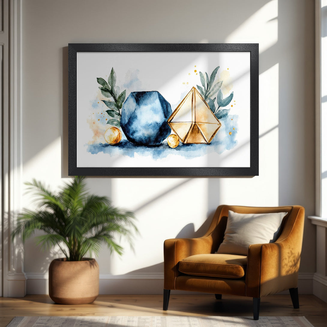 Framed Poster featuring watercolor geometric art in blue, gold, and green. Modern home decor.