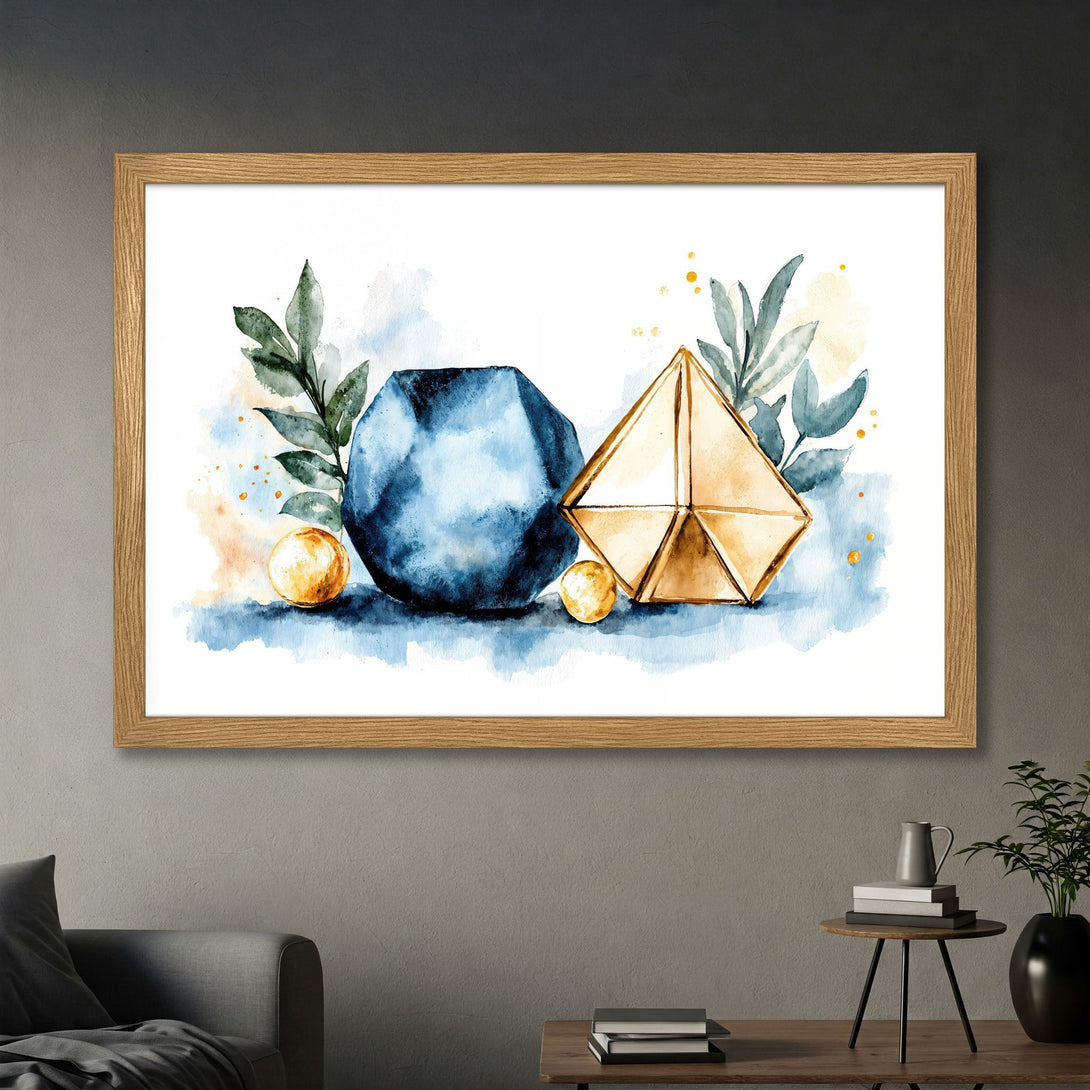 Framed Poster featuring watercolor geometric art with blue, gold, and green hues. Modern wall decor for a stylish home.