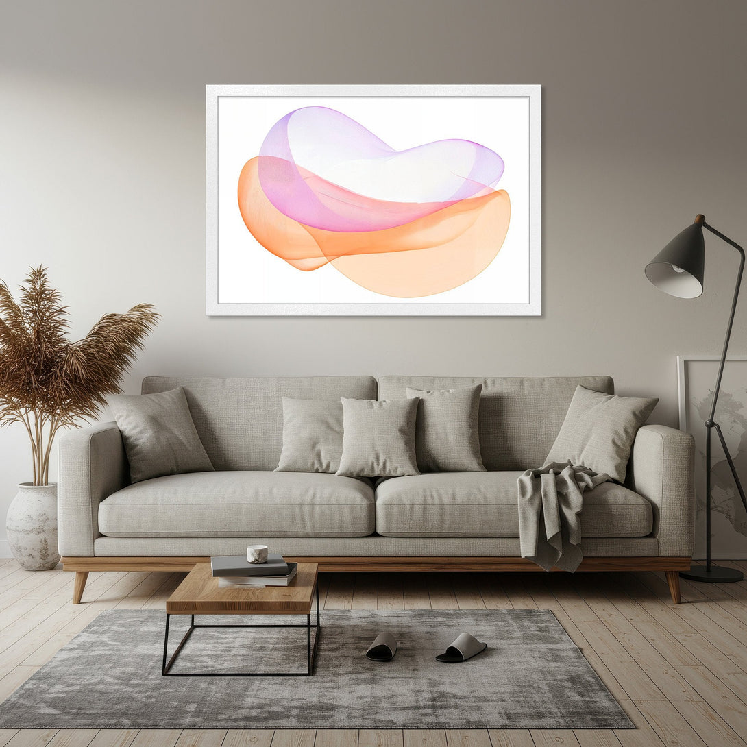 Framed Poster featuring abstract watercolor art in orange, pink, and purple hues. Modern art print for home decor.