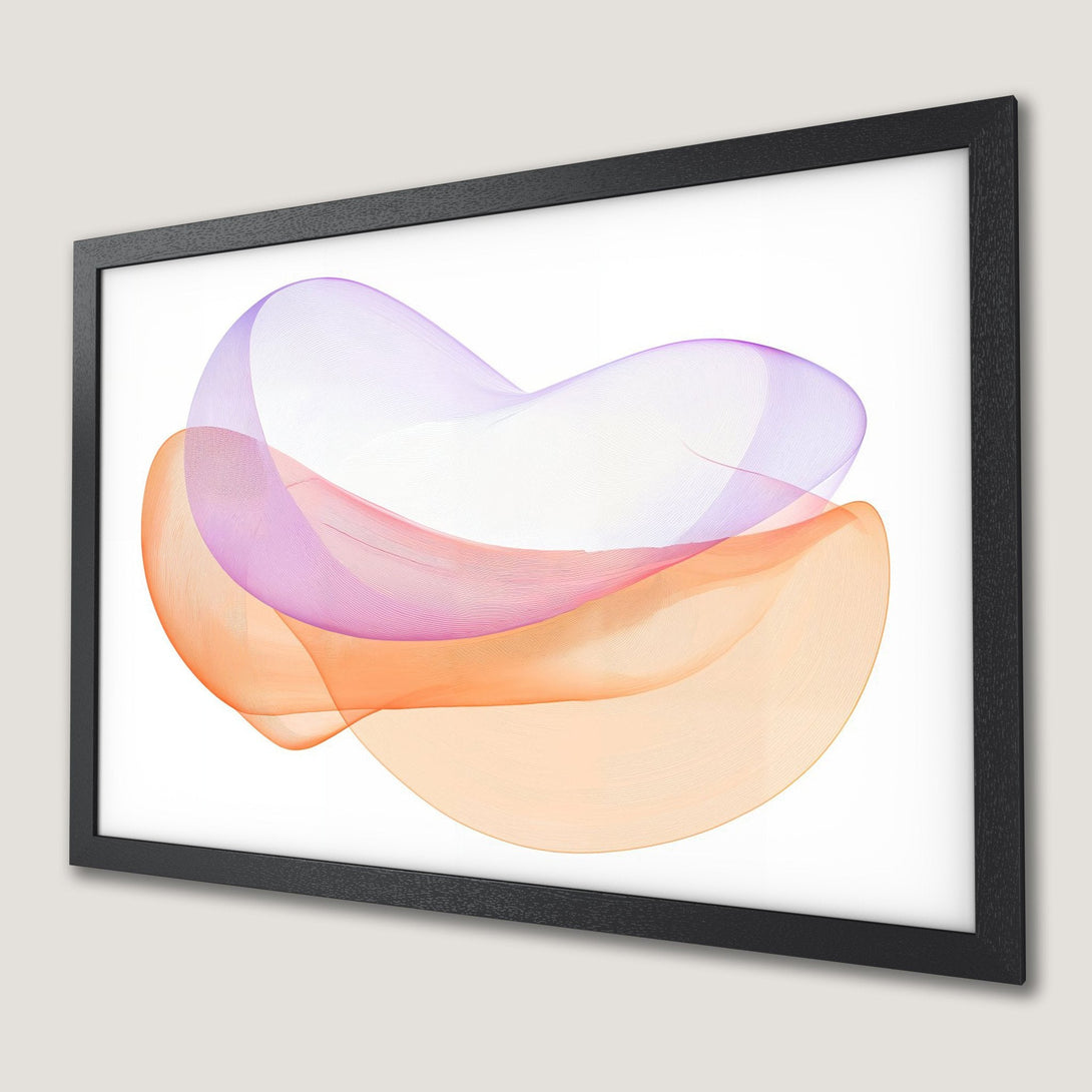 Framed Poster featuring abstract flowing lines in orange and purple hues. Modern art for your space.