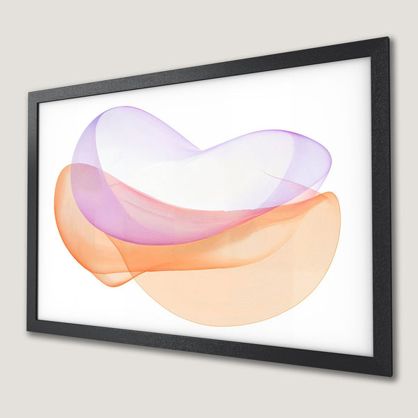 Framed Poster featuring abstract flowing lines in orange and purple hues. Modern art for your space.