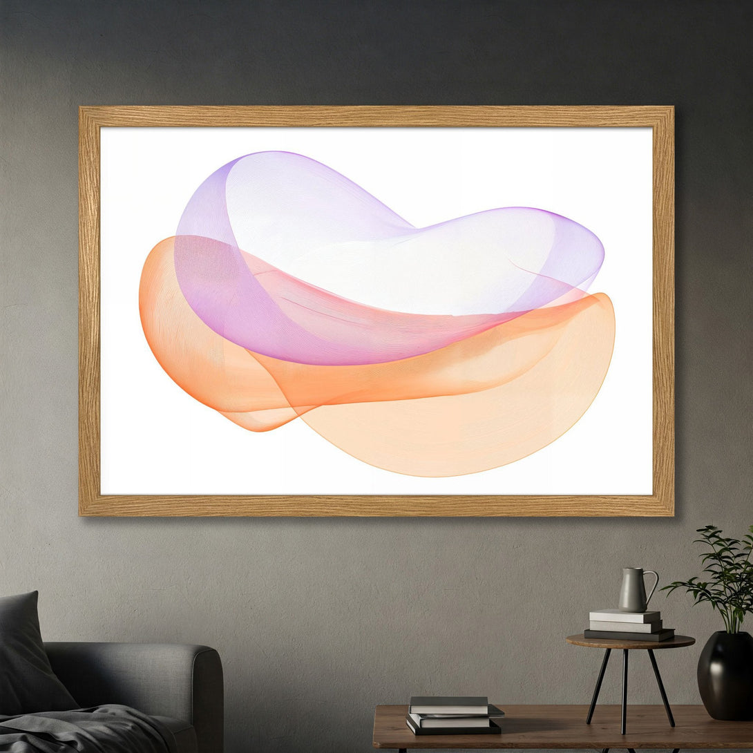 Framed Poster featuring an abstract design in orange, pink, and purple. Modern art style with a warm color palette.