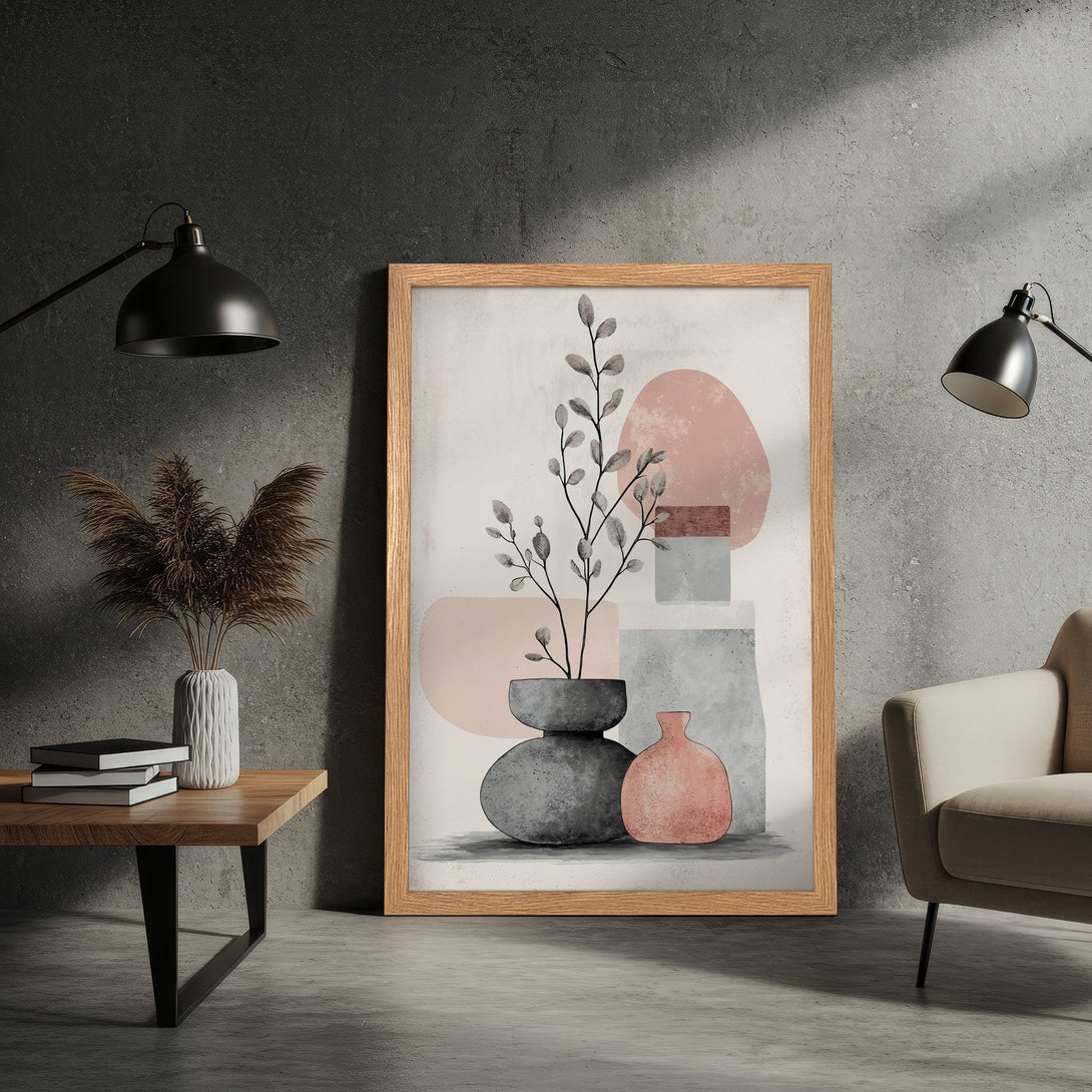 Framed Poster with abstract botanical art in a minimalist style. Features a muted color palette of pink, gray, and beige. Perfect wall decor.