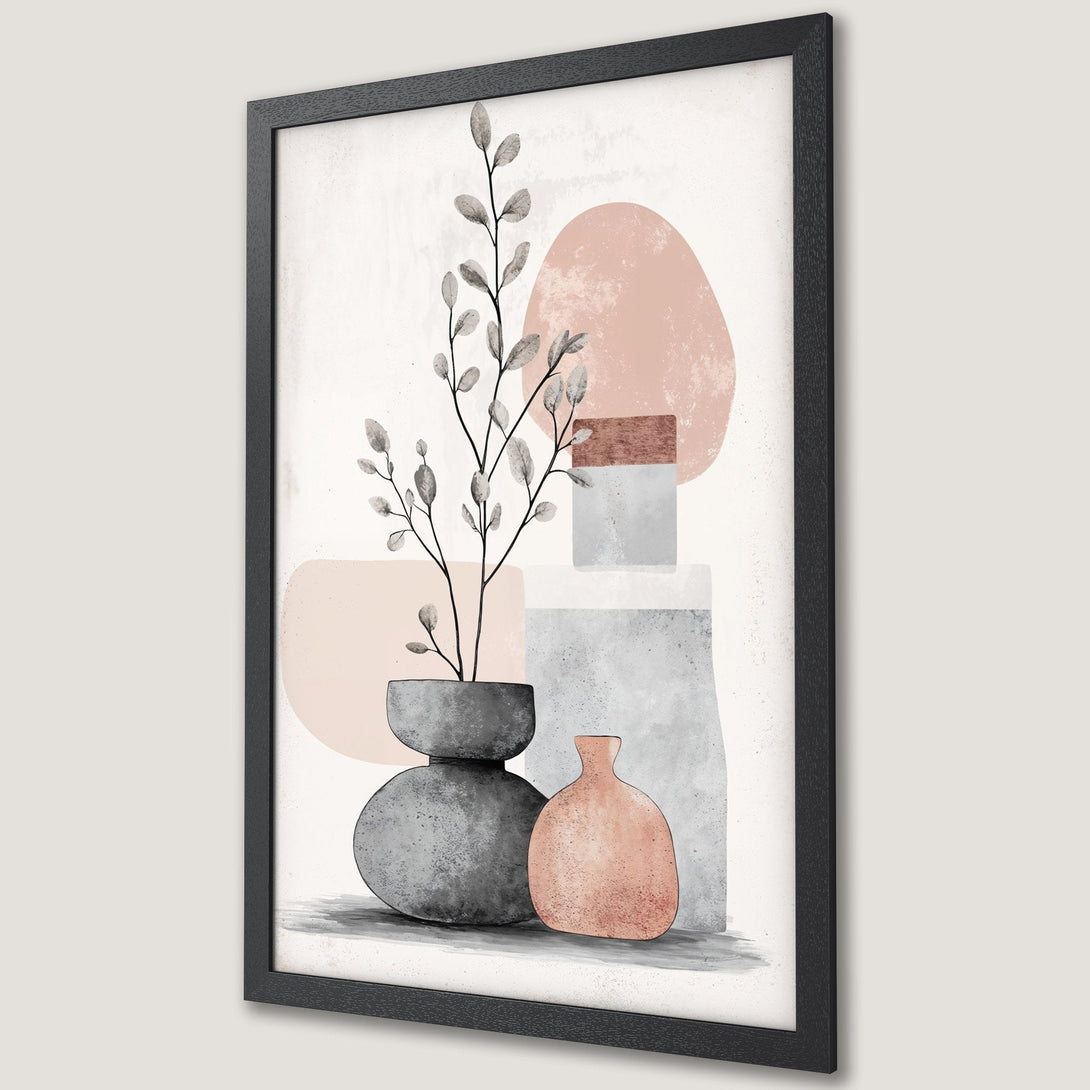 Framed Poster featuring abstract art with vases and botanical elements in a neutral color palette. Modern wall art for home decor.