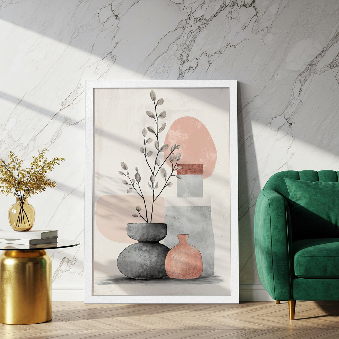 Framed Poster featuring abstract art with neutral tones and a touch of blush. Perfect wall decor to elevate your space!