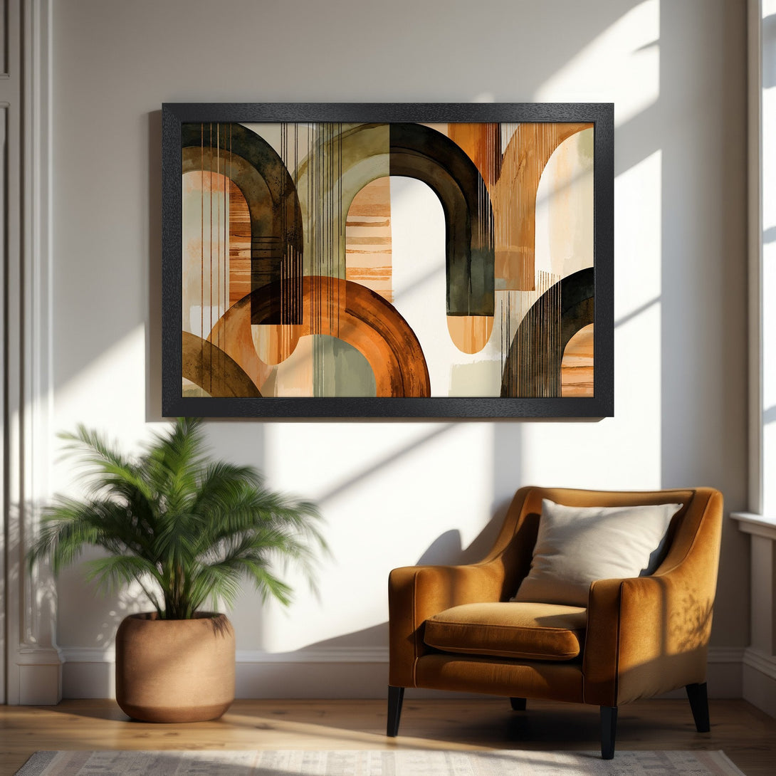 Framed Poster featuring abstract art in warm earth tones. Modern style, perfect for home decor.