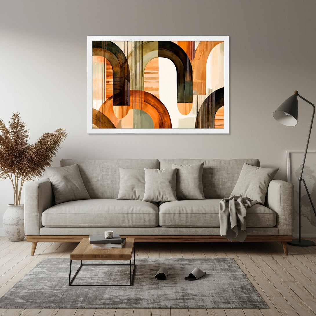Framed Poster featuring abstract geometric art in warm orange and earthy tones. Modern style, perfect for home decor.