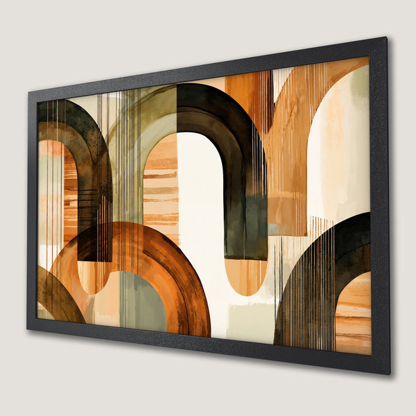 Framed Poster featuring abstract arches in warm earth tones. Modern art print with a neutral color palette, perfect for any space.